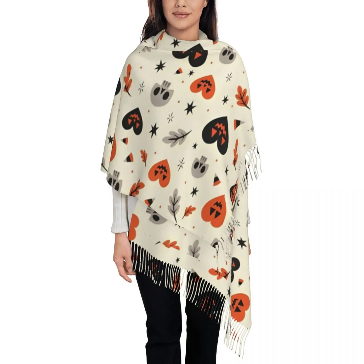 Womens Tassel Scarf Halloween Pumpkins Ghosts Single-sided Pattern Winter Warm Shawl and Wrap Trick or Treat Pashmina Scarves
