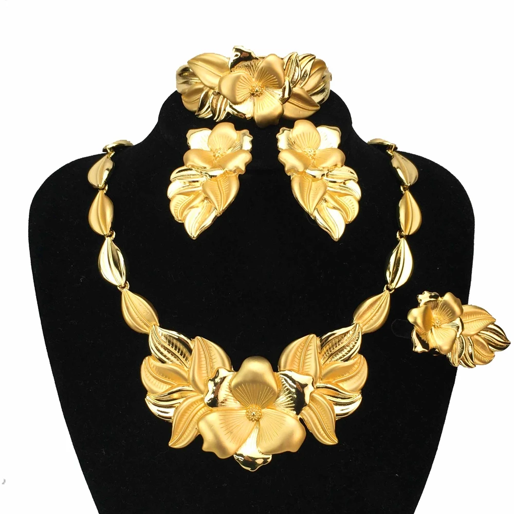 Women Necklace Earrings Ring Bracelet Jewelry Set Bud Flower Pendant Gold Plated Luxury Nigeria Dubai Gold Jewelry Set FHK17083