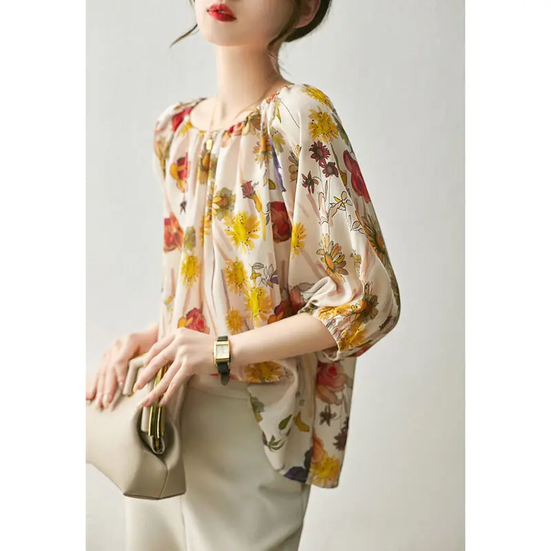 Vintage Slash Neck Shirring Lantern Sleeve Blouse Women\'s Clothing 2023 Summer New Casual Pullovers Three Quarter Floral Shirt