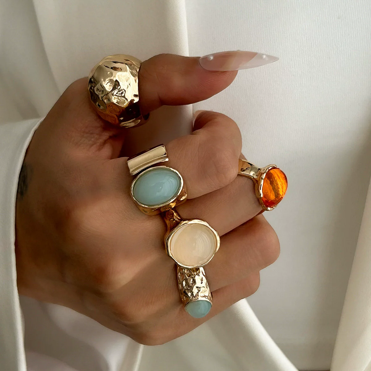 5PCS/Set Retro Gold Color Irregular Metal Ring for Women Open Adjustable Wide Ring Jewelry Gift