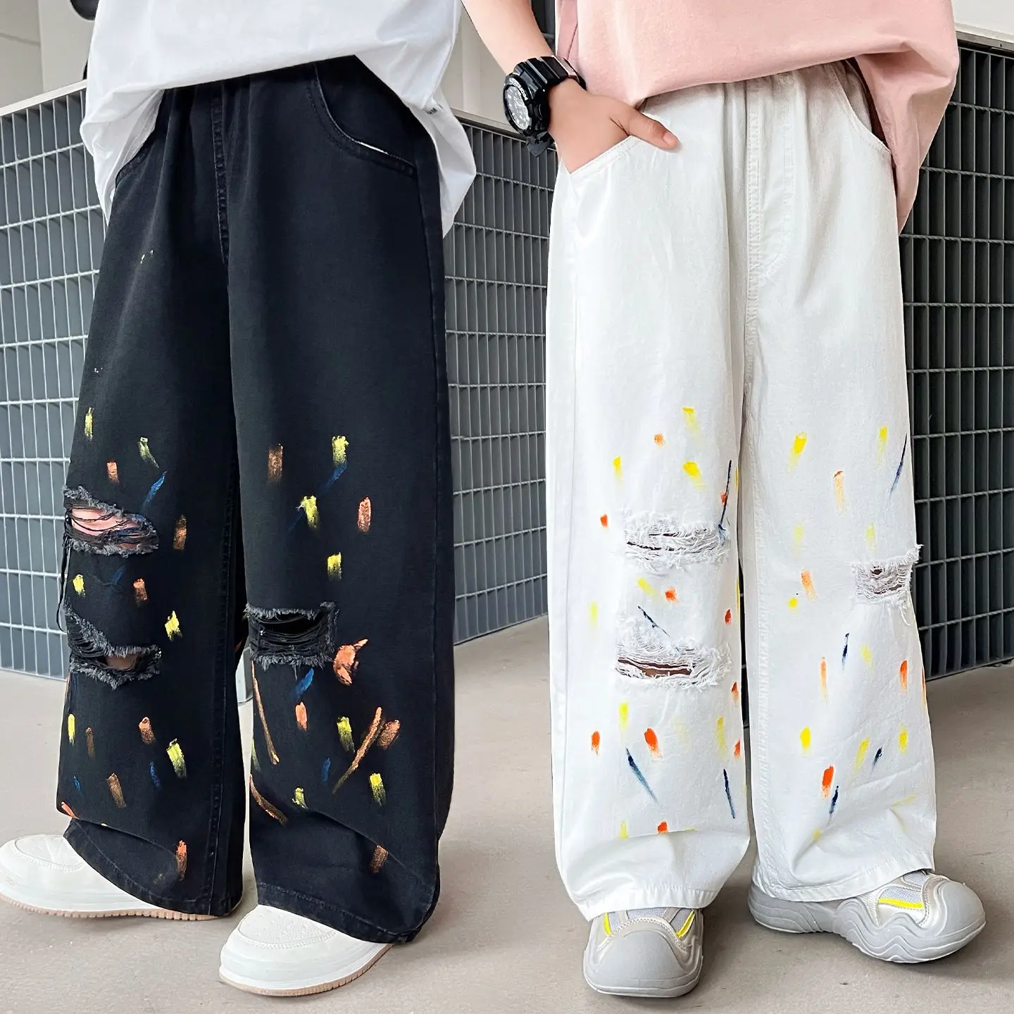Boy Ripped Jeans Summer New Style Teen Children American High Street Loose Trousers Korean Version Super Cool Colorful Wide Leg