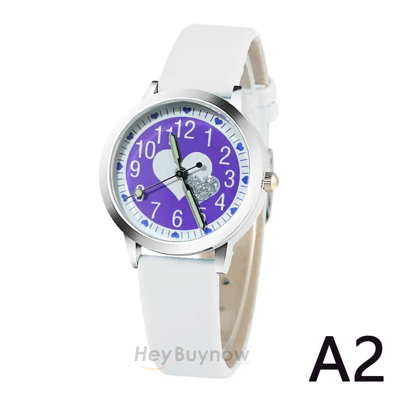 7 Colors Sweet Love Dial Crystal Children\'s Watch Casual Leather Quartz Luminous Kids Clock Boys Girls Christmas Gifts