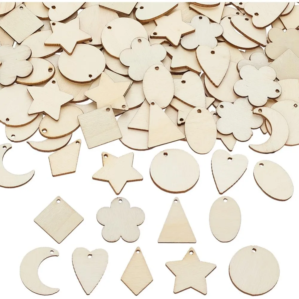 180Pcs 9 Style Unfinished Hollow Wood Big Pendants Undyed Laser Cut Wood Shapes Mixed Shape White 23~25x16.5~24.5x1.5mm