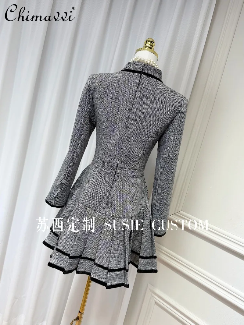 High-end francês gola destacável borboleta botão plissado a linha vestido moda manga longa elegante vestido curto feminino