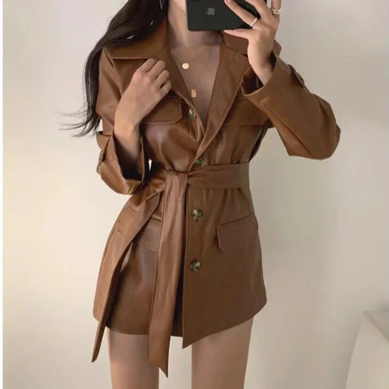 Korean Chic Slim Belt Leather Jacket Female Leisure Locomotive Leather Coat Spring Autumn Women Faux PU Windbreaker Outwear