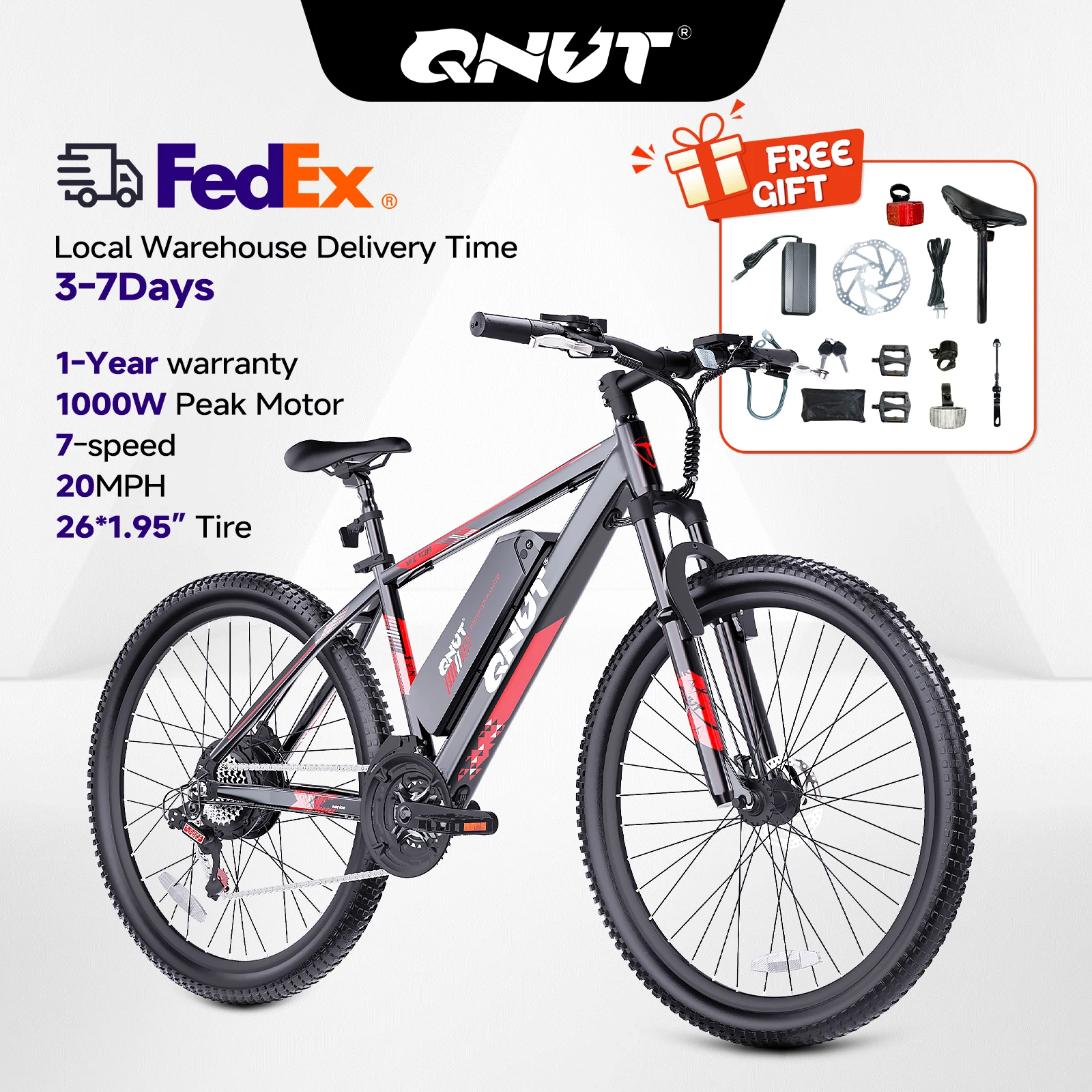 QNUT Victor3.0 Mountain elektrische fiets 1000W 36V 10.4AH 26 "band All-Terrain e-bike met voorvorkvering en dubbele schijf