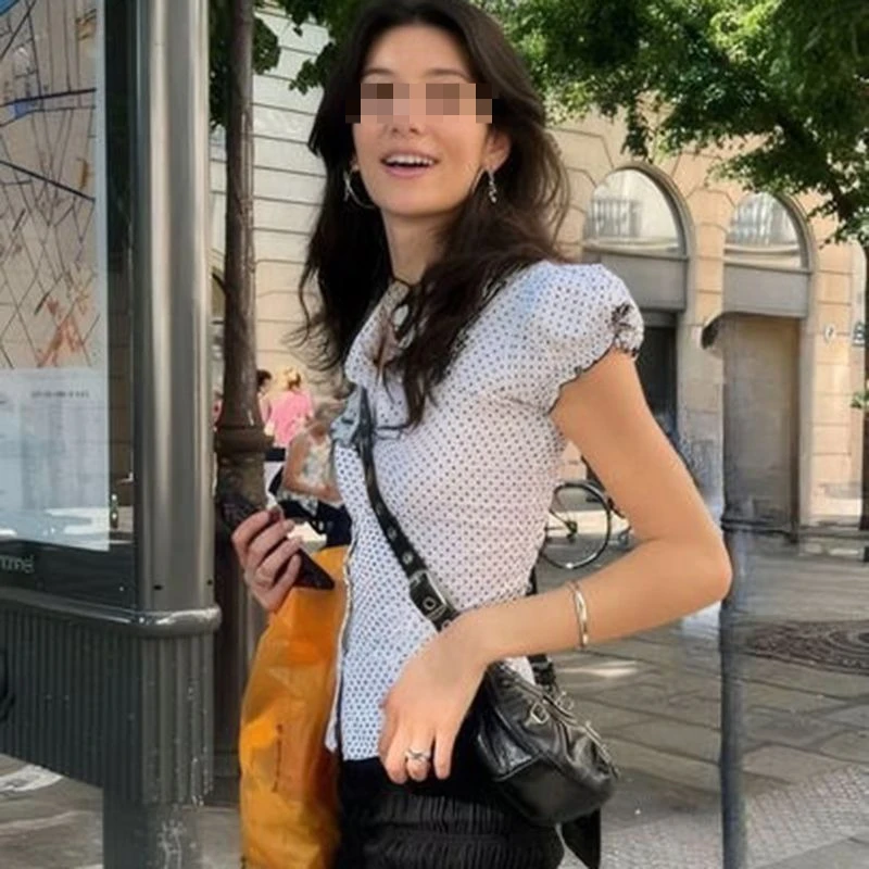 

Kimotimo, модные рубашки в горошек, женские однобортные однобортные облегающие укороченные топы с грибком, корейская милая блузка с бантом и пышными рукавами Y2k