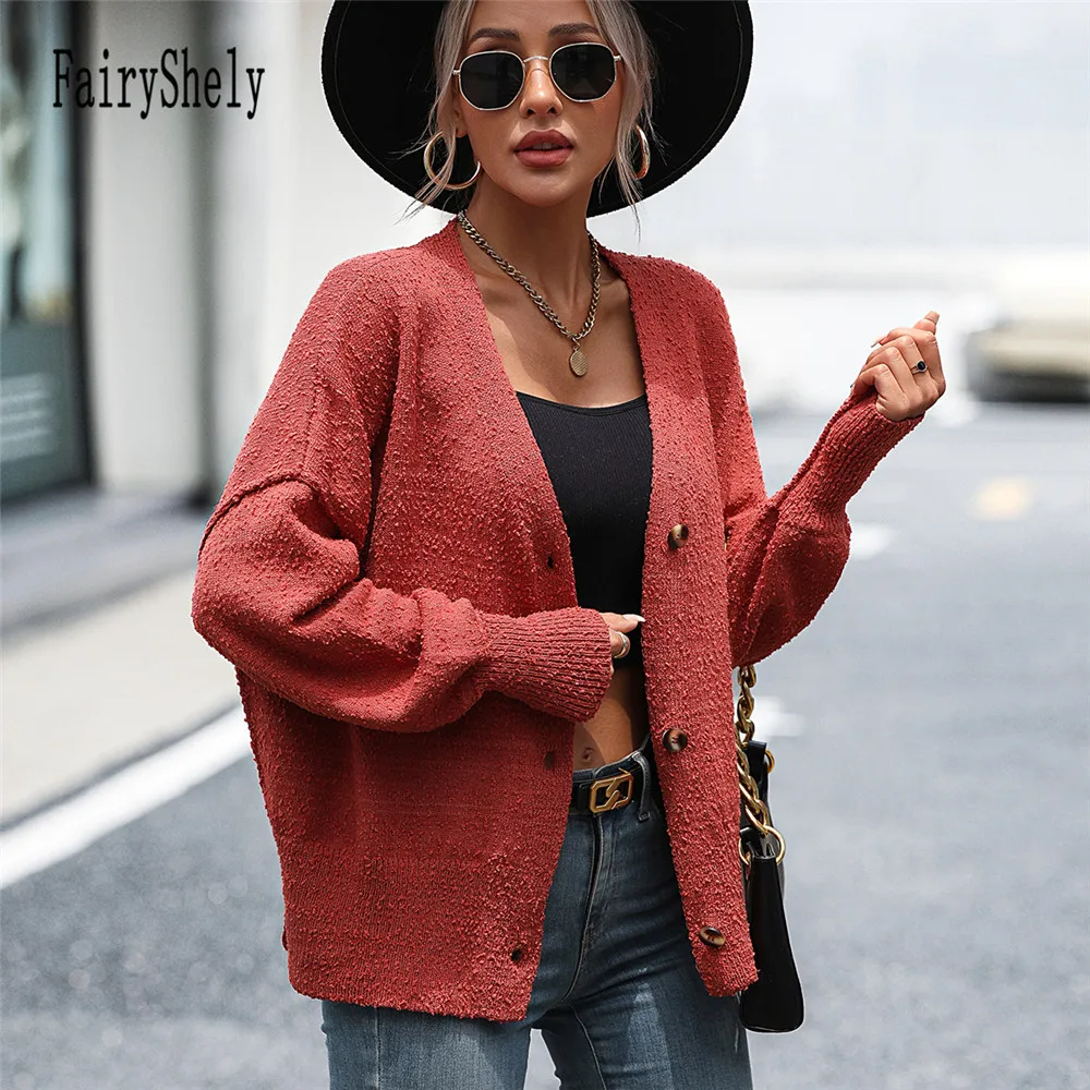 2024 Winter solide einreihige Pullover Strickjacke Frauen lässig Knopf Langarm Strickjacke Dame lose warme Strick mantel Outwear