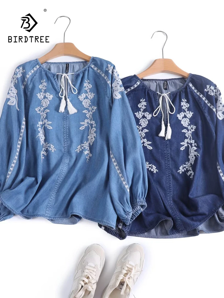 ใหม่ 2025 ฤดูร้อนโคมไฟ Tence DENIM เสื้อผู้หญิง O คอเย็บปักถักร้อย LACE-up, Mori สาว Retro Casual เสื้อหลวม T55014CC