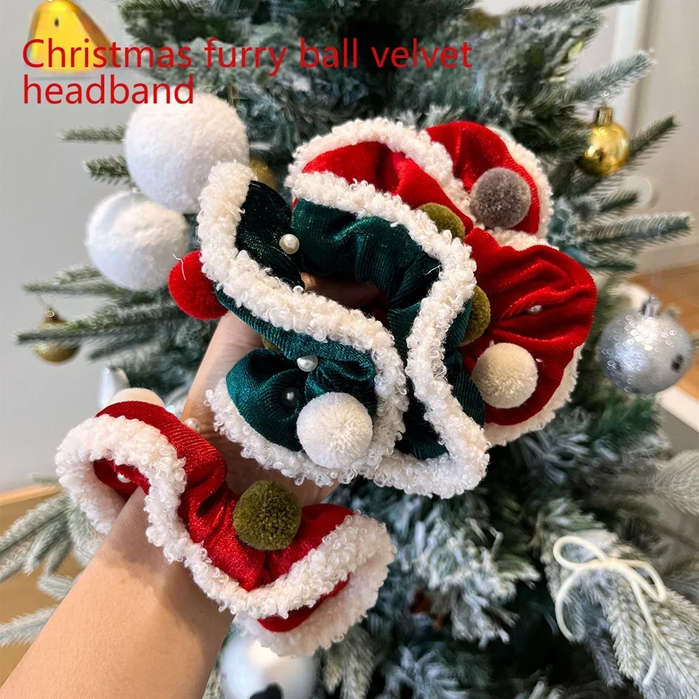 Yule red green hairball hair circle Autumn winter ball head large bowel hair cord Christmas decoration girl hair accessoires