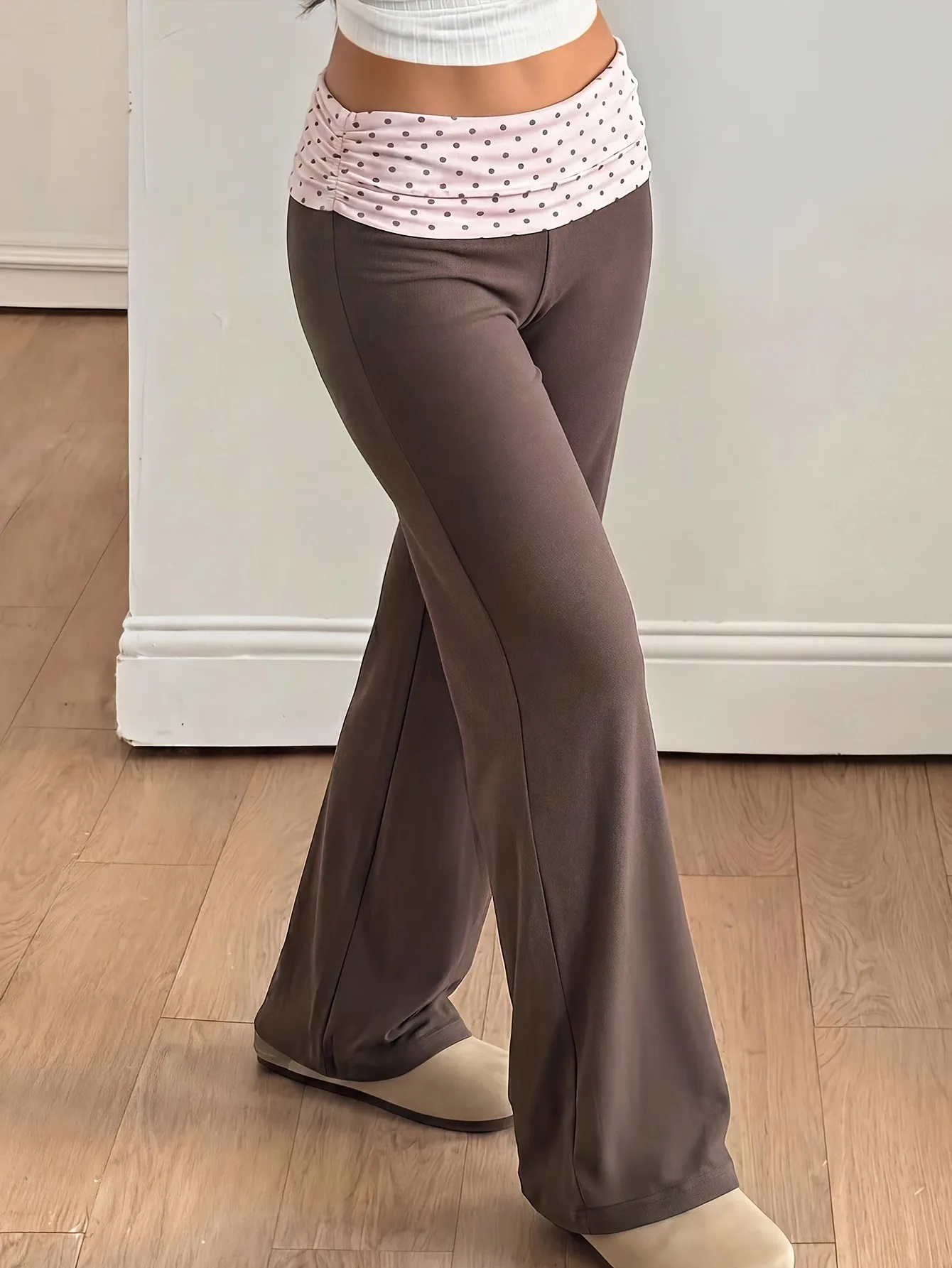 Einteilige Schlaghose für Mädchen, rosa gepunkteter, umklappbarer Bund, weiche, lässige Hose aus Modal mit hoher Taille und weitem Bein – Detail 5