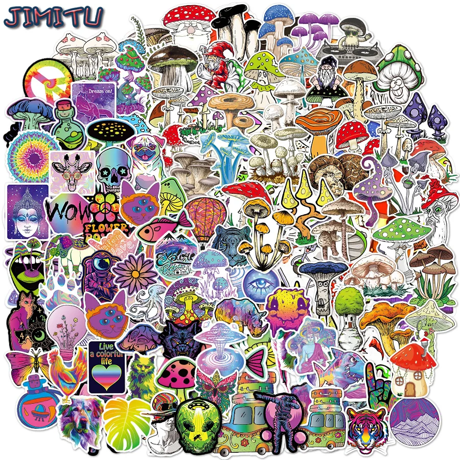 110Pcs Psychedelic Mushroom Stickers Cartoon Animal Waterproof Stickers Suitable for Laptops Helmets Bicycle Children Gift Decal