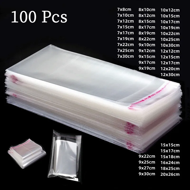 Self adhesive sealing transparent plastic bag, used for packaging jewelry, candy, biscuits, gifts, 100 pieces.
