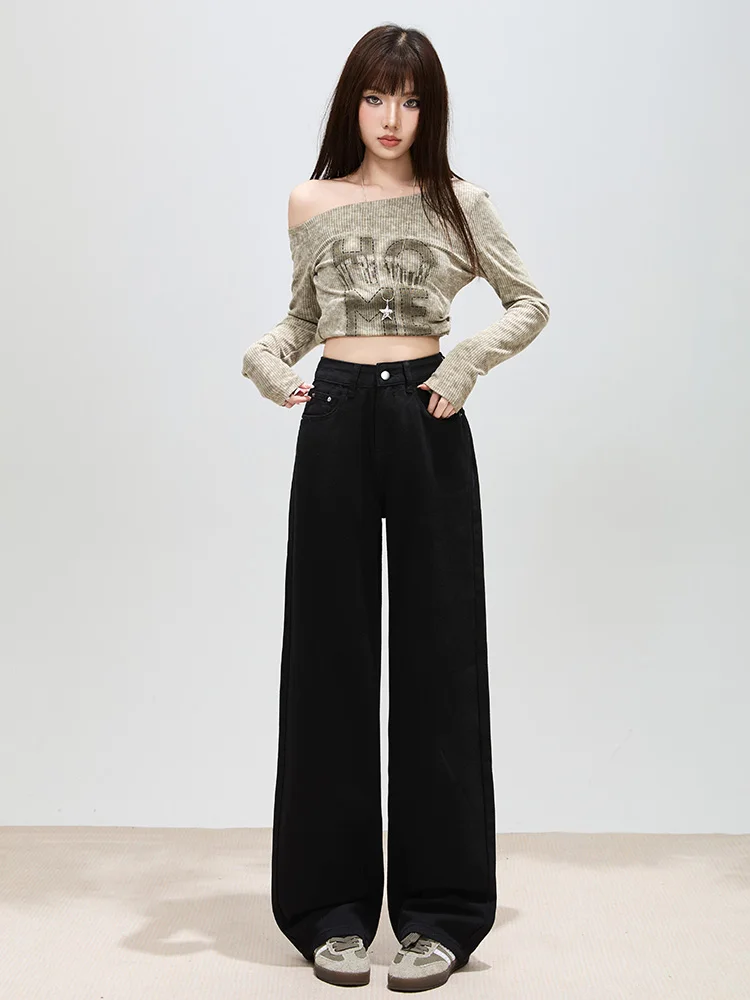 

American Style Loose Fit Black Wide Leg Jeans Women's Early Spring 2026 Slimming Loose Drapey Skinny Straight Cut Pants