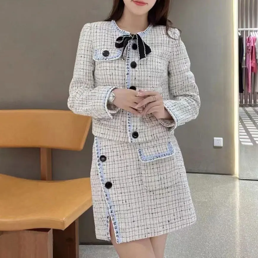 

Women's fashion temperament tweed set long sleeve bow Single Breasted coat + mini skirt