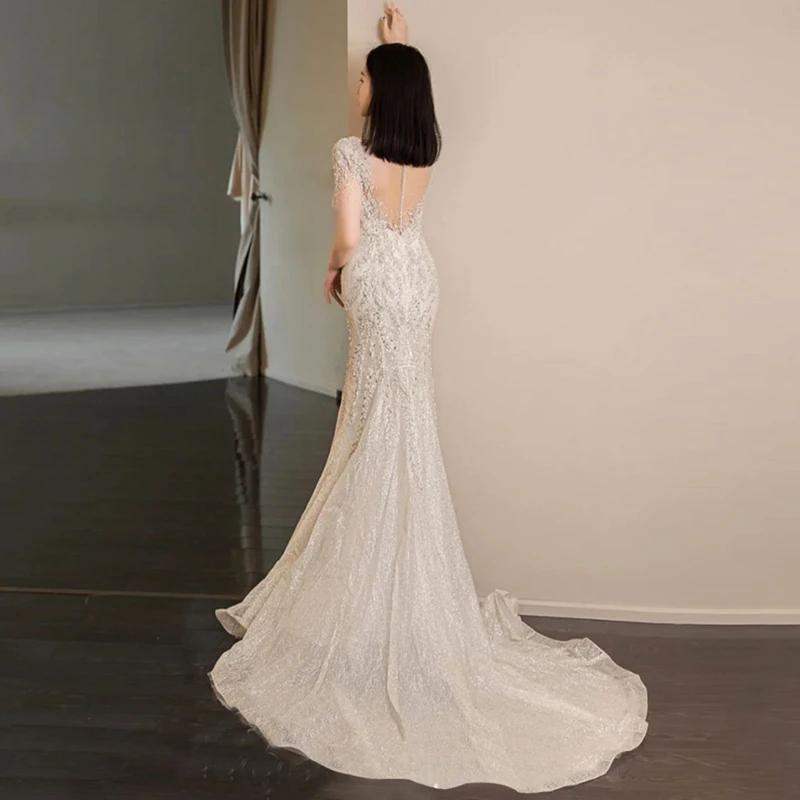 Maria Novia Mermaid Wedding Dresses Short Sleeve Luxury Beading Bridal Dress Court Train Shinny Vestido De Noiva Customized