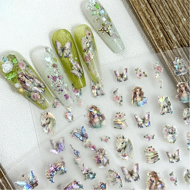 Calcomanías autoadhesivas para decoración de uñas, calcomanías bonitas de Japón, 3D, manicura, libro de caballo de fantasía, flor, mariposa brillante