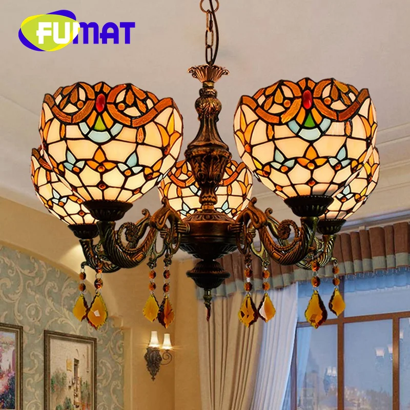 

FUMAT Tiffany style stained glass Yellow Baroque 5 head chandelier Pendant lamp Living Room Dining Room Bedroom bar LED decor