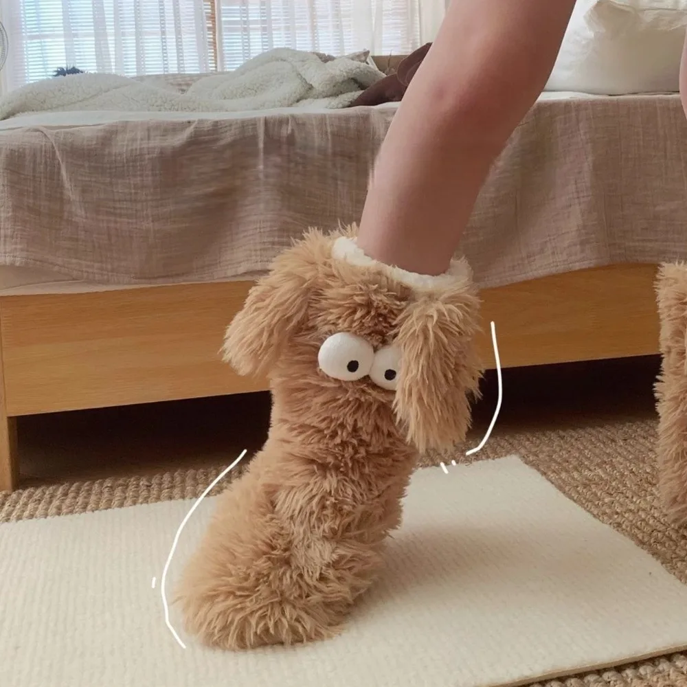 Soft Big Eyes Slipper Socks with Puppy Ears Cartoon Thickened Non-slip Floor Socks Mid-Calf Warm Coral Fleece Socks Gifts