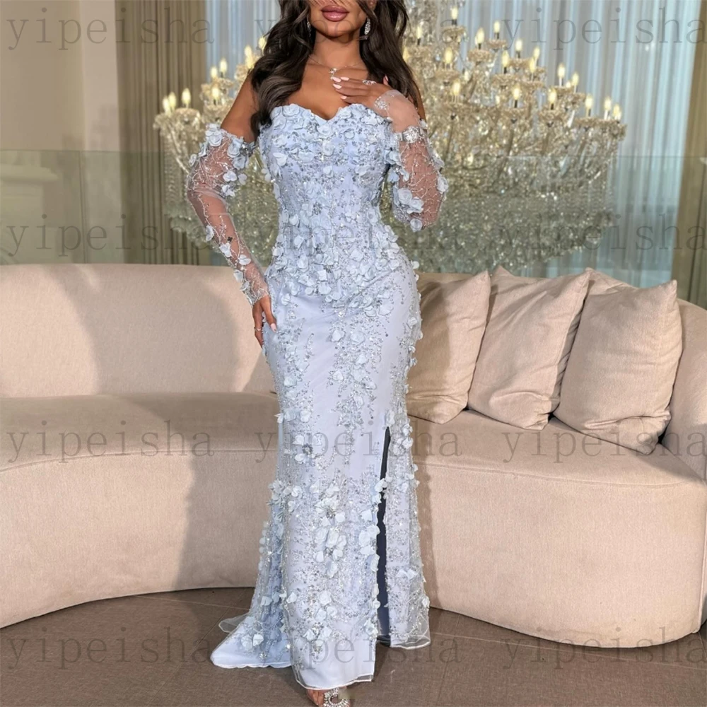 Abiti da sera personalizzati con scollo a cuore squisiti fiori 3D in pizzo con paillettes applicazioni sirena abito da ballo abito senza schienale con spacco laterale