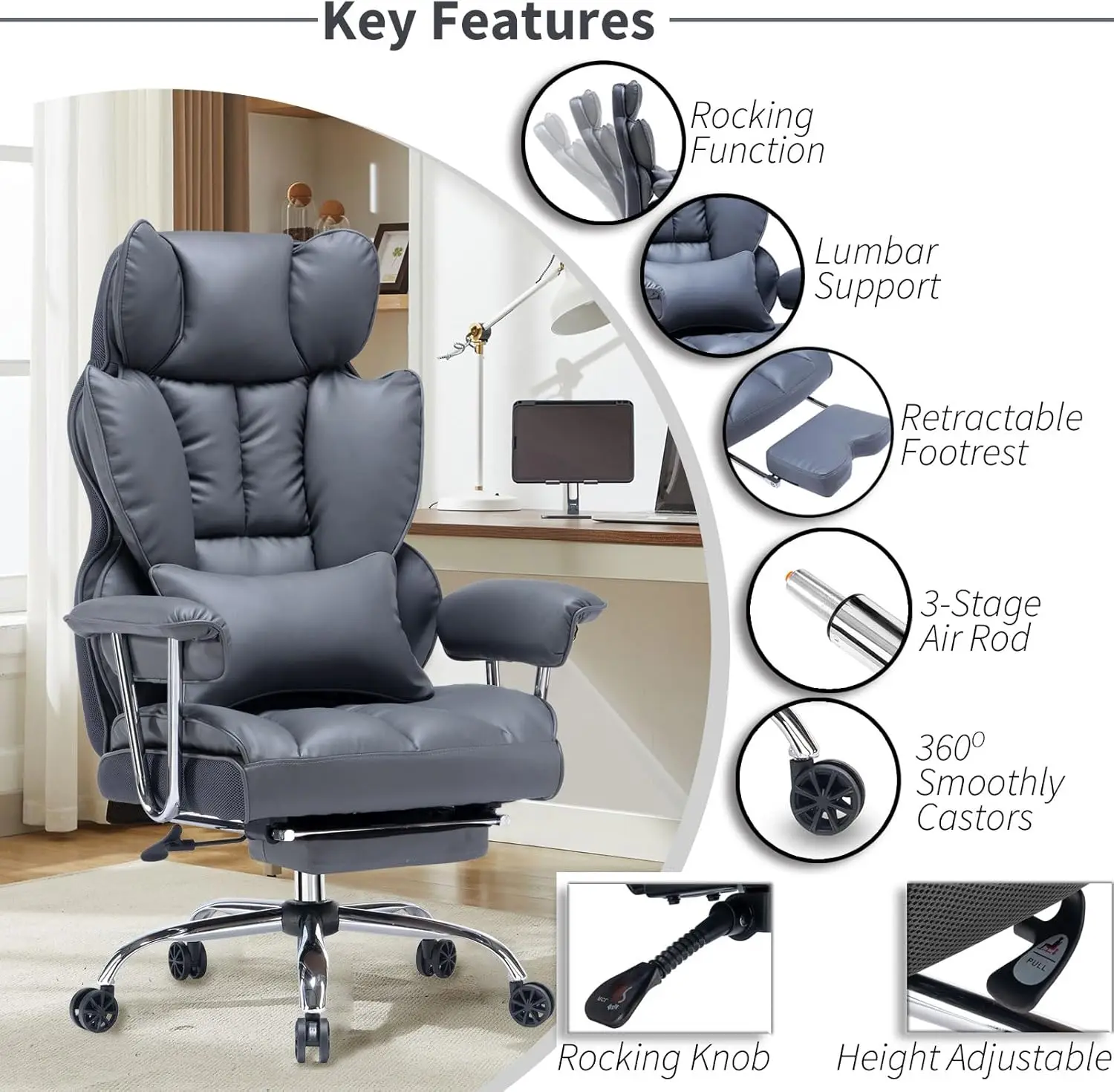 Suitable for overweight individuals, high back office chairs with foot pedals, height adjustable office chairs, mineral ash