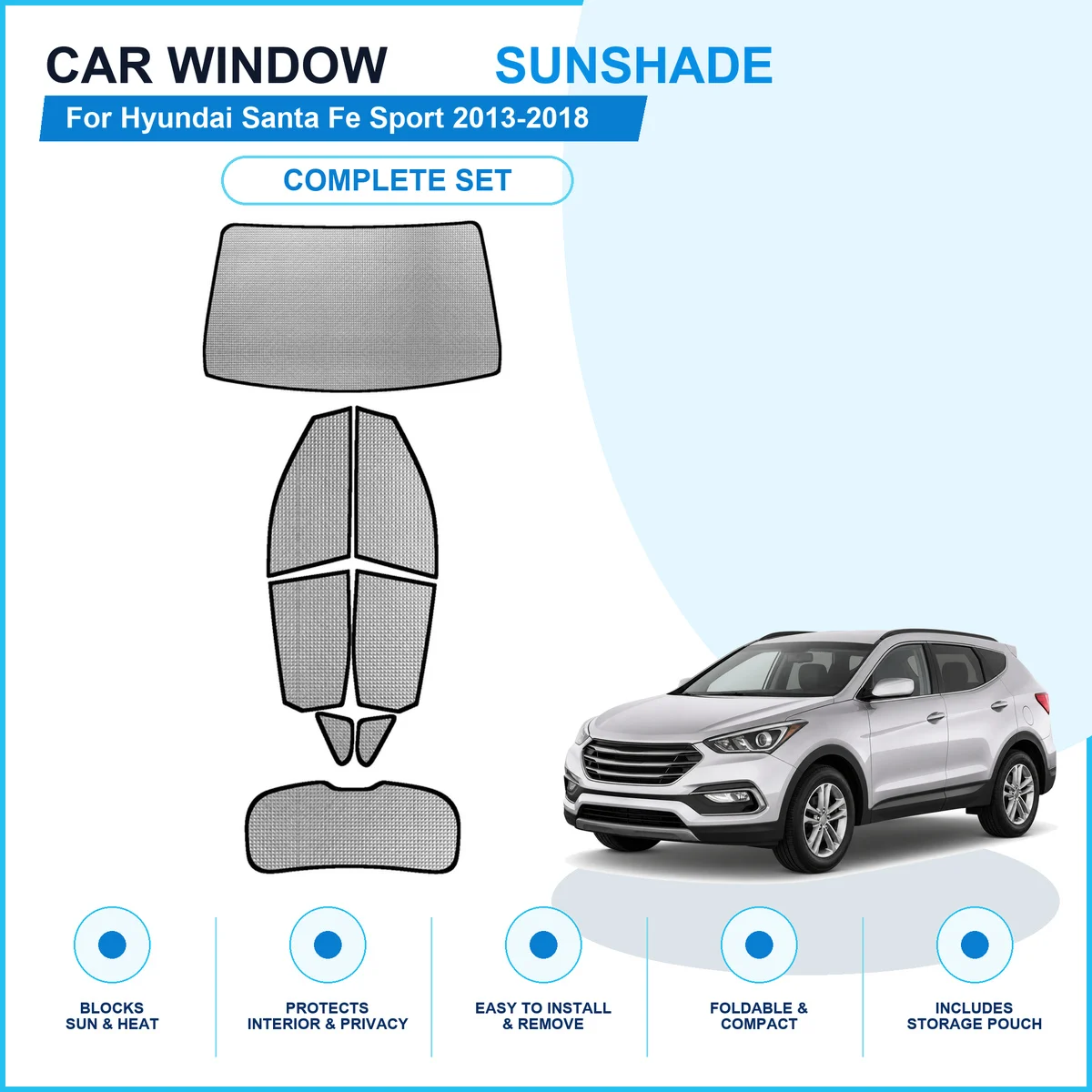 For Hyundai Santa Fe Sport 2013-2018 Custom Full Set Window Sunshades Aluminum Foil Suction Cup Anti UV Privacy