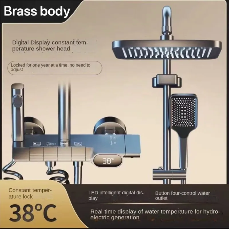 Conjunto de Chuveiro Display Digital Led Chaves de Piano de Latão Sistema Quente e Frio Modos de Saída Luxo Montado na Parede Banheiro