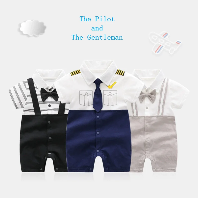 Baby Boys Clothes Summer The Pilot Style Short-Sleeve Overalls 100% Cotton Soft Little Gentleman Romper Children‘s Jumpsuit