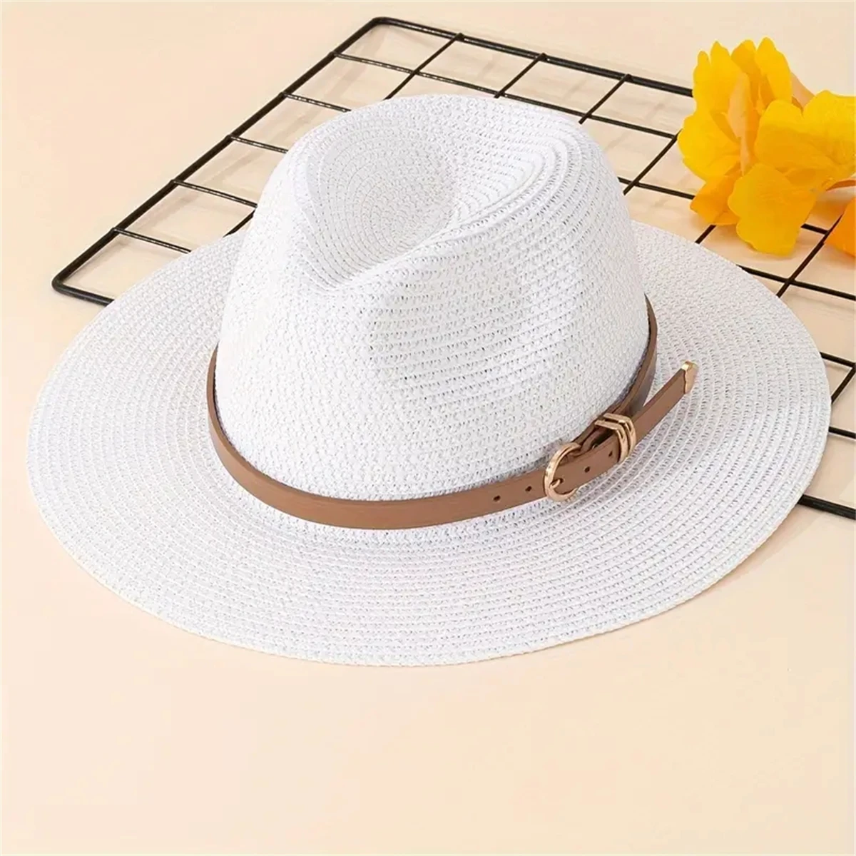 Simple Belt Decor Panama Hats Solid Color Straw Hat Classic British StyleJazz    Hat  Travel Beach Hats For Women Girls