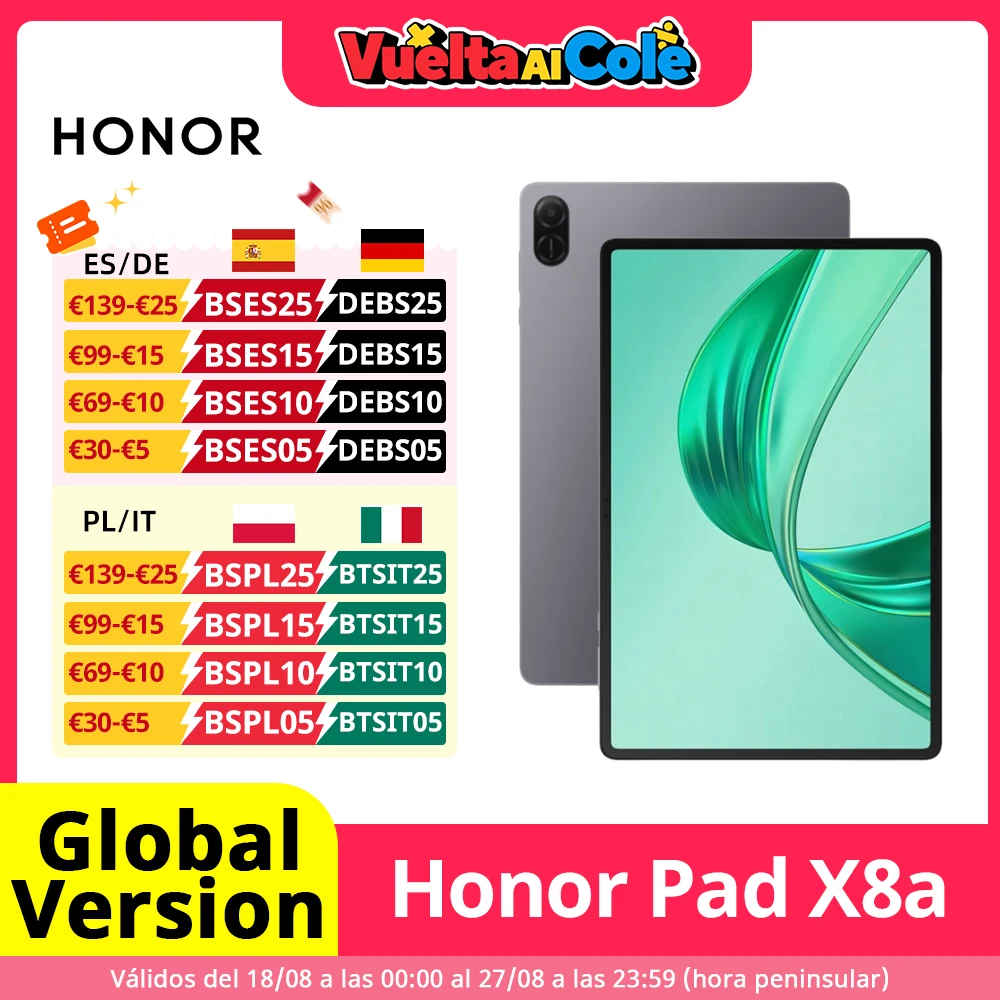 Versione globale HONOR Pad X8a 11 pollici ad alta frequenza di aggiornamento Eye Comfort 8300mAh Batteria a grande ampiezza Quad-speaker Voice Enhancement Tablet