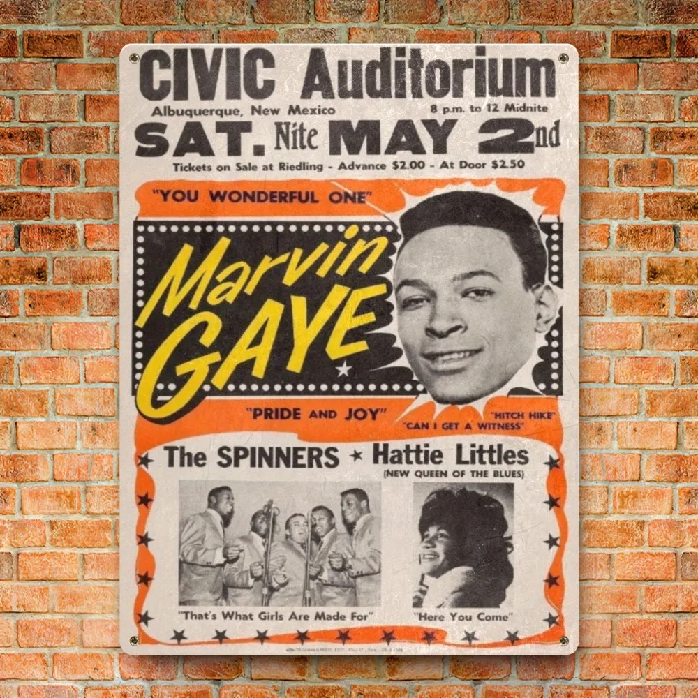 علامة قصدير معدنية كلاسيكية على الطراز الهزلي Marvin Gaye CIVIC Auditorium S A T. نيت مايو 2 دي لعطلة المنزل، مقهى 30 × 40 سم