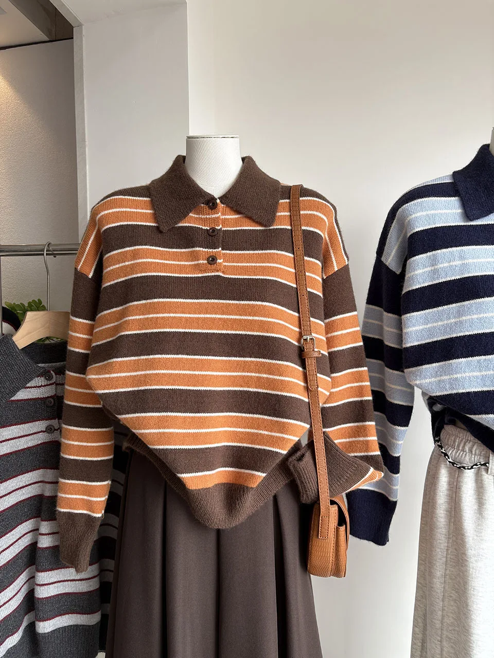 Harajuku Brown Orange White Striped Polo Collar Knit Sweater For Women Vintage Loose Long Sleeve Soft Warm Autumn Pullover Top