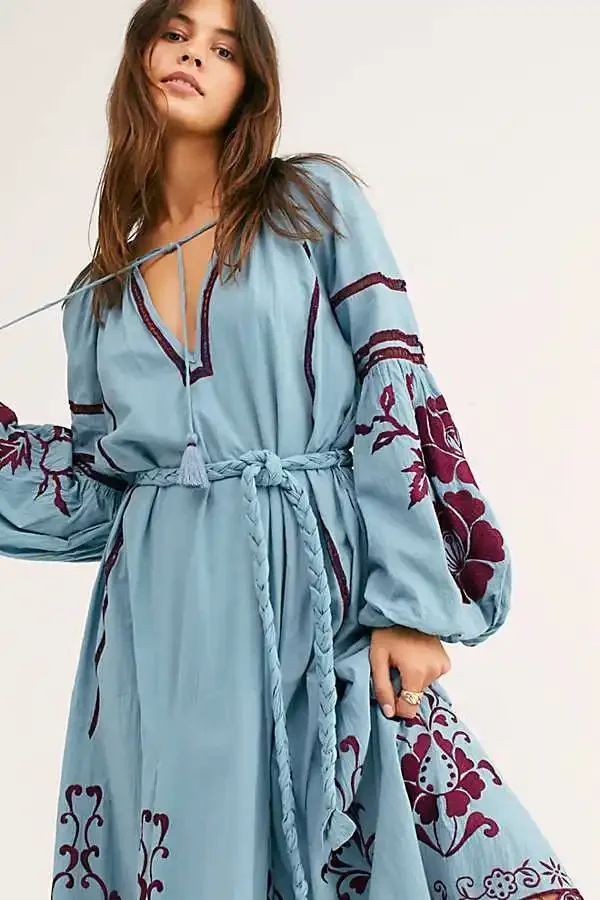 Laterne Langarm Tunika Kleid Frauen Vintage Ethnische Blumen Stickerei Blau Baumwolle Rayon Herbst Kleider Vestidos Boho Robe