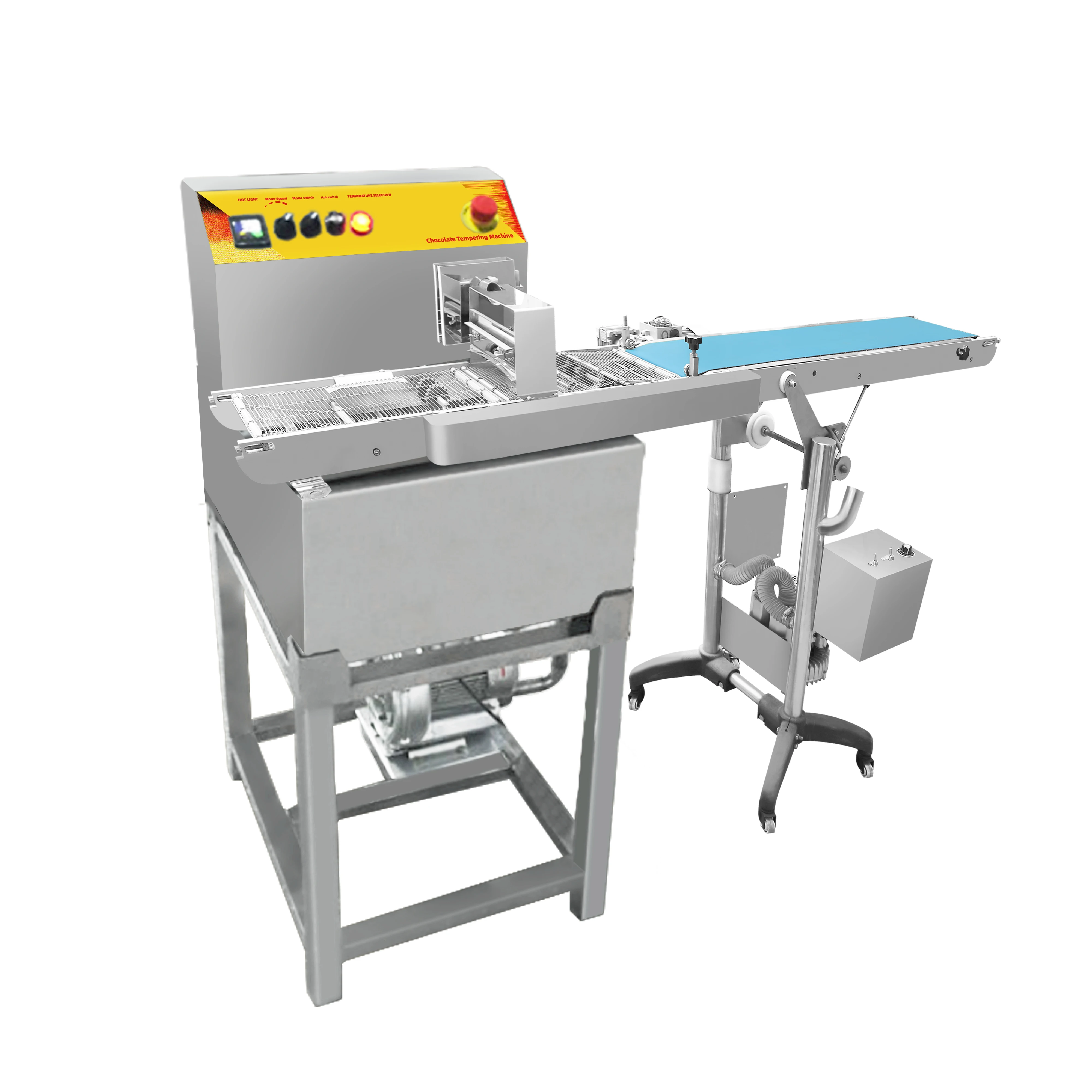 クッキーエンローバー、エンロービングトンネル、自動チョコレートテンパリングバー、ビスケットスティックチョコレートコーティングマシン、シェービングマシン