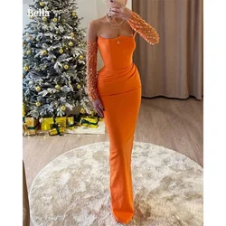 Bella Orange Satin robes de soirée Strapless Mermaid Elegant Glitter Long Sleeves Evening Dresses Floor-length Wedding Dress