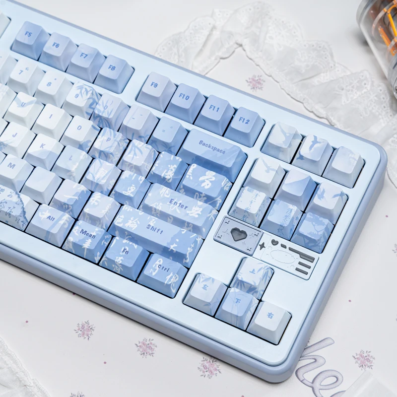 

Колпачки для механических клавиатур с китайской пейзажной тематикой в стиле туши, PBT, сублимационная печать, профиль Cherry, синие, для 60% 75% TKL 96% 100% MX-клавиатур