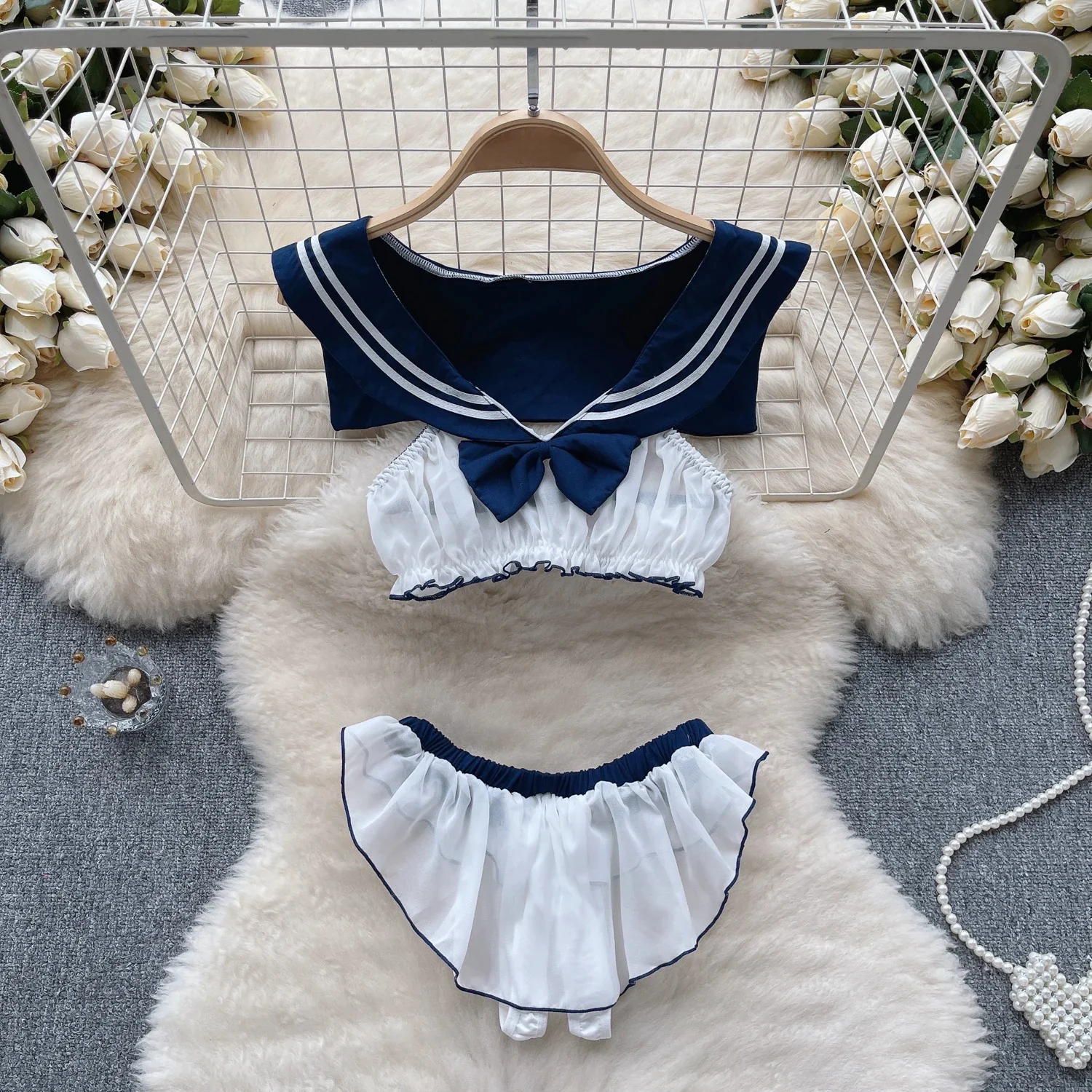 الحلو لطيف الوردي دعوى أكمام كشكش سليم المحاصيل الأعلى 2 قطعة مجموعة لعب الأدوار مثير فتاة بيجامة عادية مرونة الخصر مطوي تنورة صغيرة