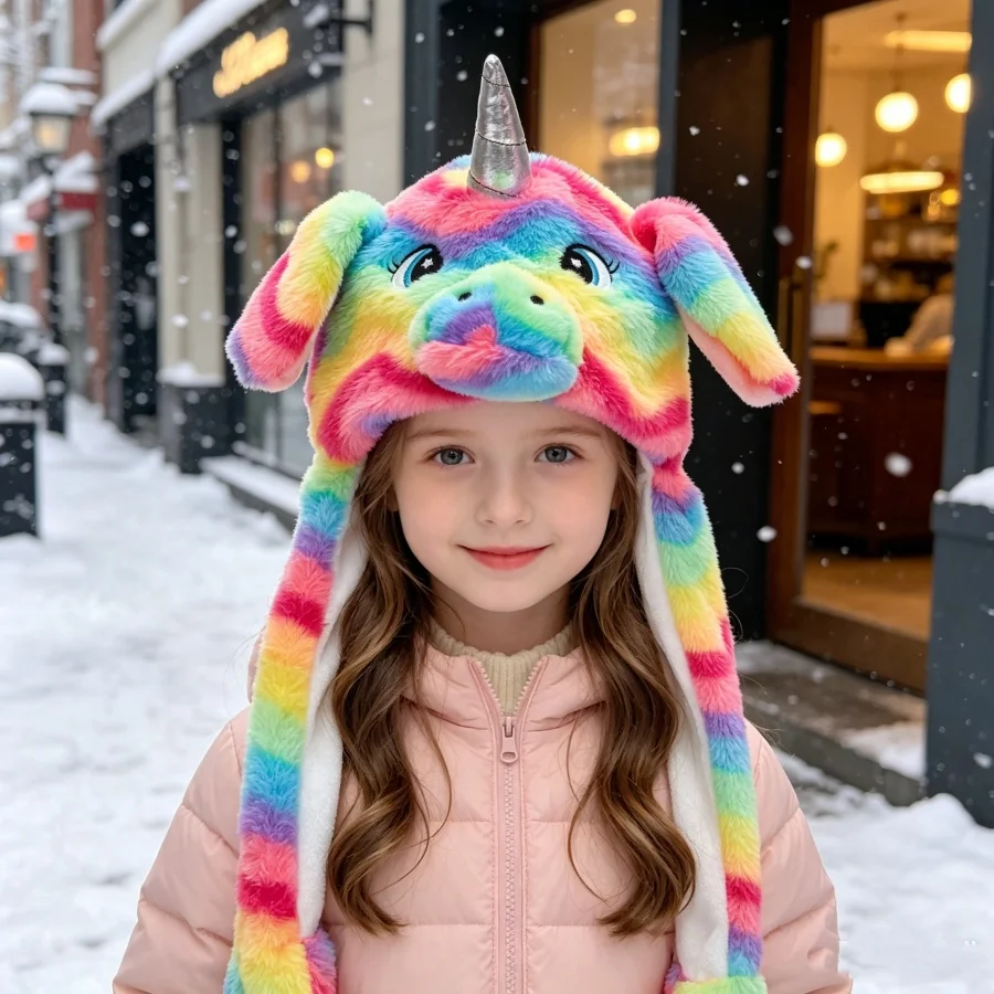Unicorn Plush Hat with Moving Ears for Children, Autumn and Winter Warm Ear Protection Hat, Cartoon Performance Party Cold-Proof Hat, Everyday Outdoor Warmth, Halloween Cosplay, Christmas Gift, Birthday Present