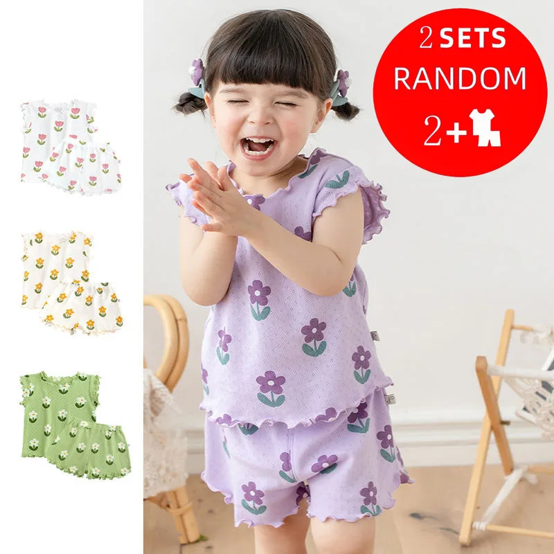 

2 Sets Girls' Sleepwear Summer Lightweight Printed Children's Short Sleeved Shorts Home Clothes Thin Breathable for Baby Girls