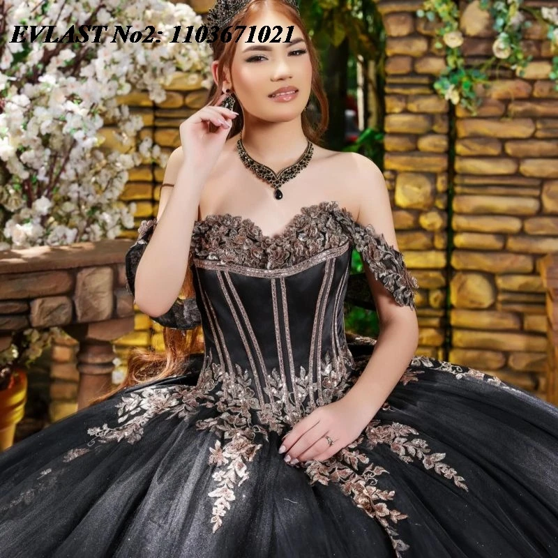 فستان Quinceanera أسود مخصص للأميرة من EVLAST فستان حفلة مزين بالدانتيل الذهبي مطرز بفيونكة حلوة 16 فيستدوس 15 أنوس E2QA203 #3