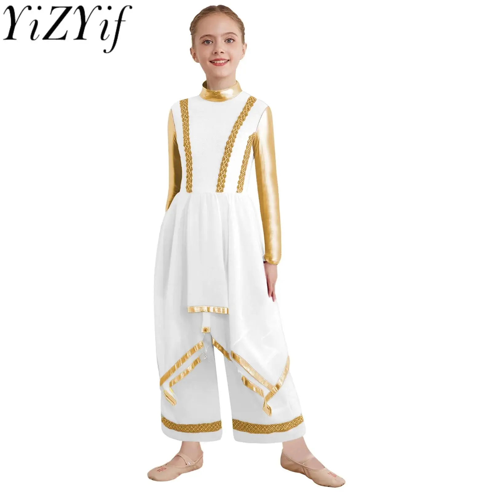 

Kids Girls Worship Liturgical Modern Choir Dance Performance Costumes Long Sleeve Dance Dress with Built-in Wide-Leg Pants Suits