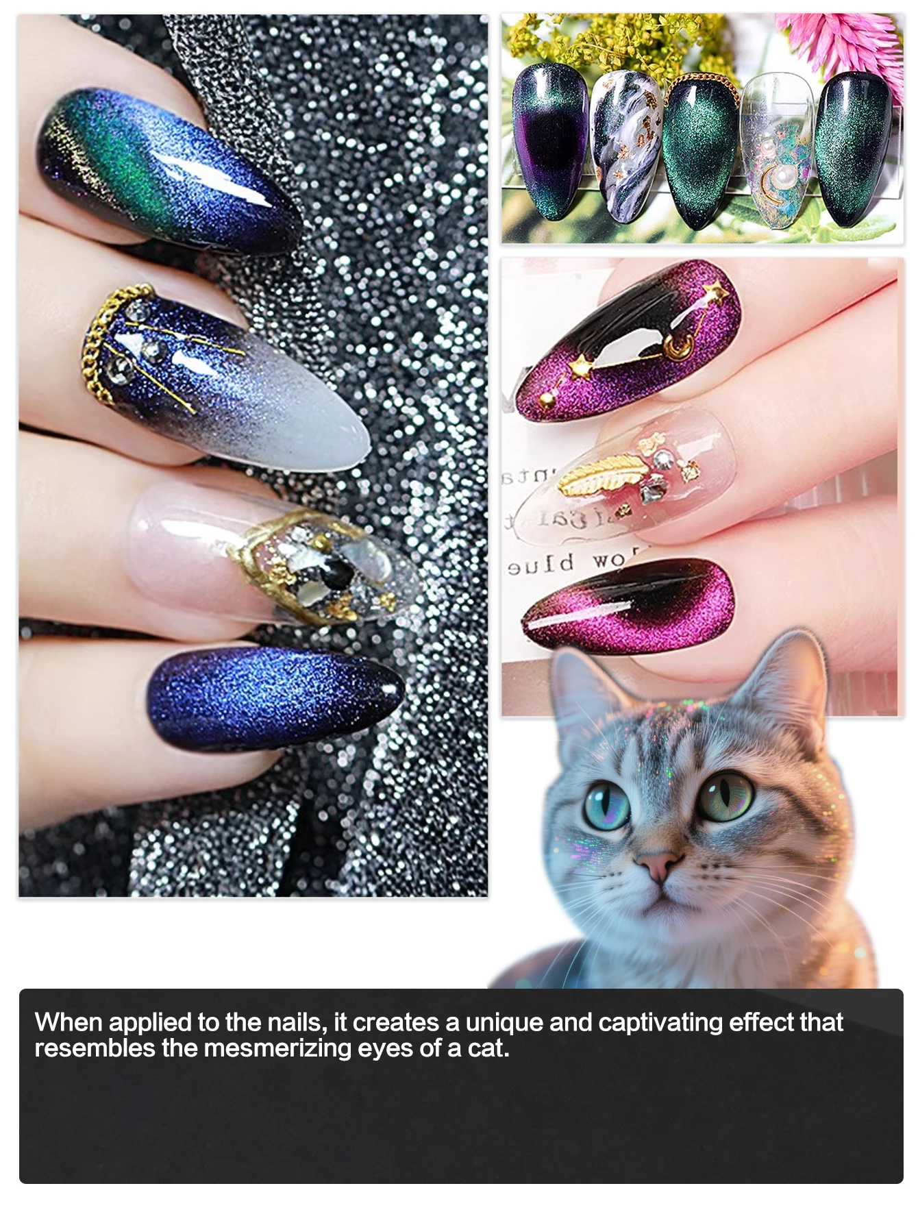 BRIDGESOUND 1/6개 스파클링 캣 아이 젤 세트(자석 스틱 포함), DIY 네일 아트 키트.UV/LED 경화, 다이나믹 멀티컬러 쉬머&스파클
