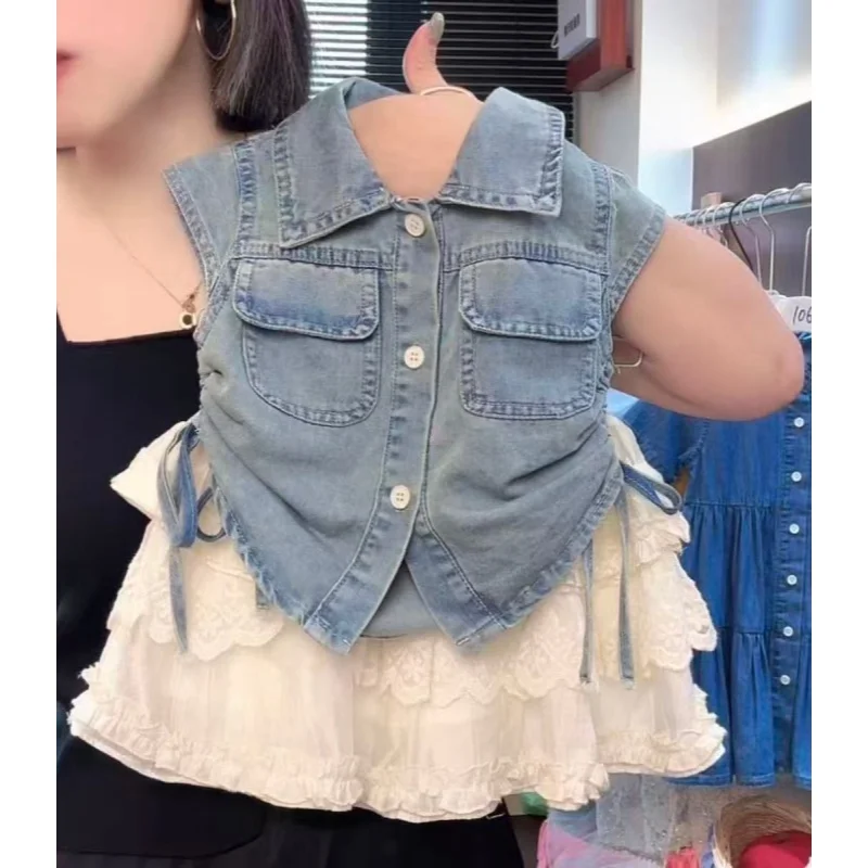 

Girls Summer Fashion Set Denim Short-Sleeved Shirt And Cake Skirt Two-Piece Children's Outfit 2-7Years