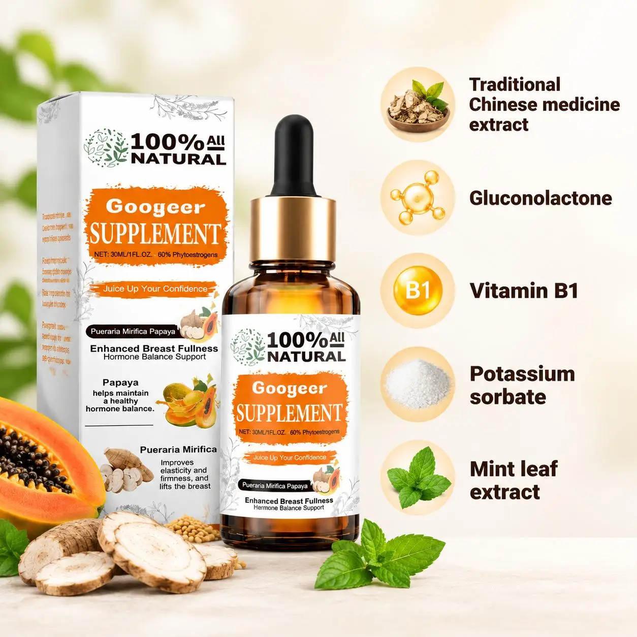 Pueraria Mirifica Papaya Drops with Dropper 60% Phytoestrogens Hormone Balance Support and Breast Fullness Support 30 ML