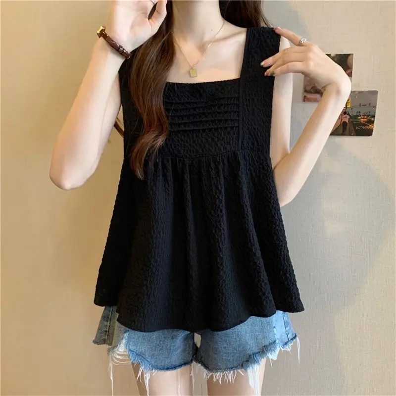 Plus Size Sleeveless Loose Sexy Tanks Summer New Solid Color All-match Pleated Sweet T Shirt Tops Fashion Korean Women Clothing