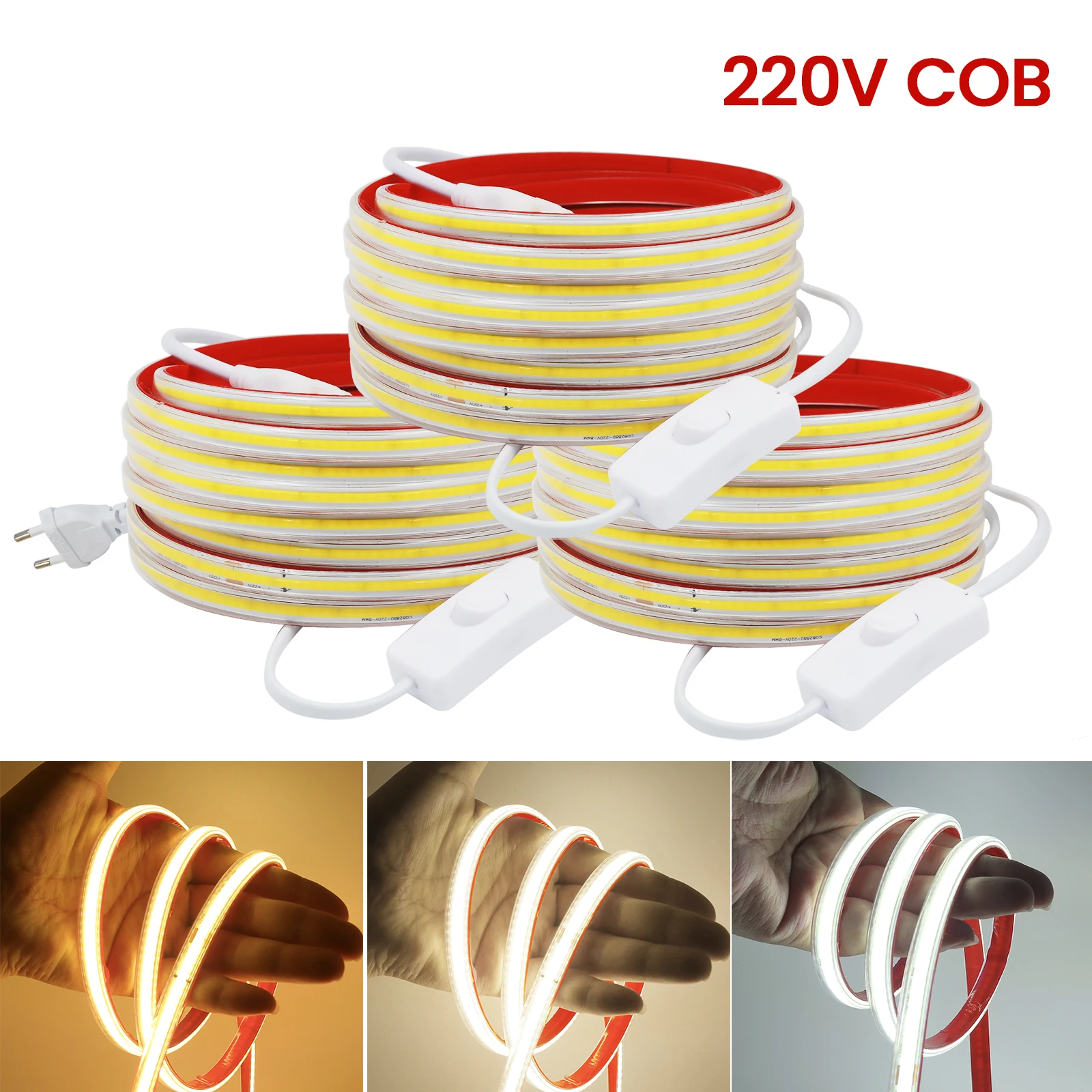 

High Bright COB LED Strip Light 220V 288leds/M Outdoor Garden FOB LED Tape For Bedroom Kitchen Lighting Waterproof 3000K-6000K