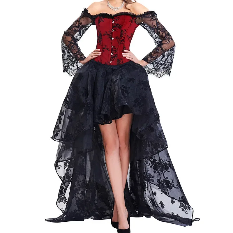 Steampunk Corset Dress Bustier Gothic Corselet Sexy Black Red Corset Clothing Women Lace Off Shoulder Floral Party Long Dresses