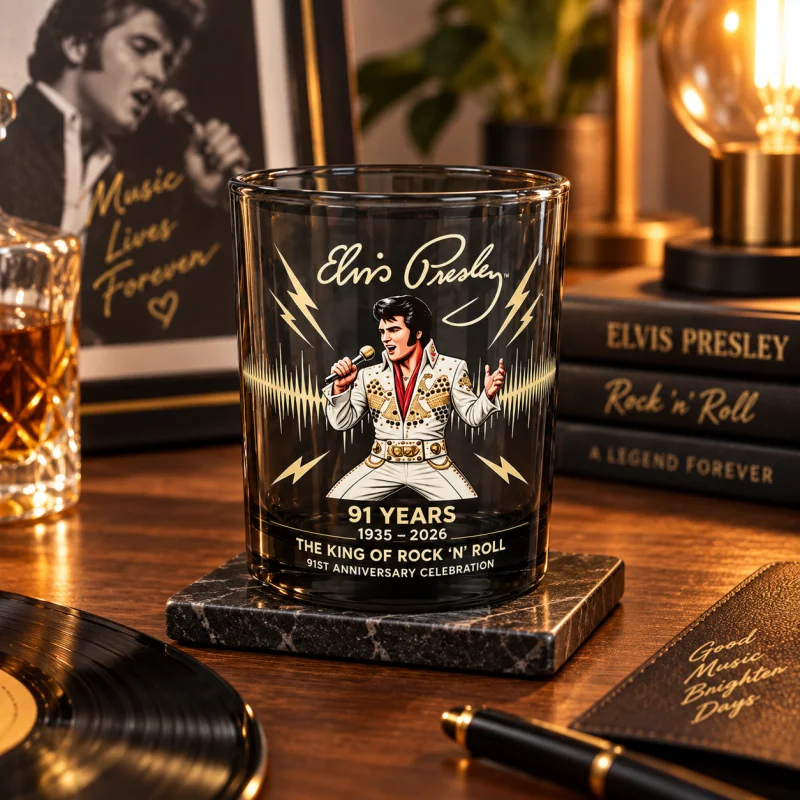 Elvis Presley Commemorative Glass Tumbler 1935-2026 Rock King Print Whiskey Cup Home Bar Table Decor Souvenir Gift For Rock Fans
