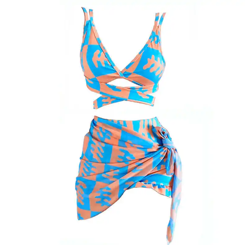 Bikini 2023 New Women Swimsuit Three Pieces Bikinis Set Halter Cover Up Swimwear With Skirts Bathing Suit Female Beach Biquini