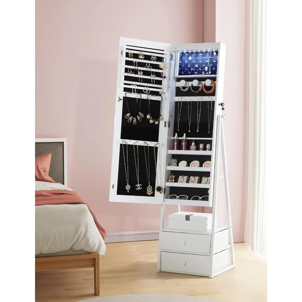 Jewelry Cabinet Armoire with 2 Drawers, Lockable Standing Jewelry Mirror Cabinet, Full Length Mirror with Jewelry